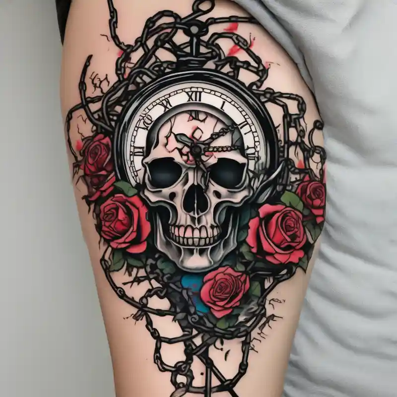 tattoo fool sleeve, tree roots break out of the chains at the bottom of the hand, broken mask, Clock with flying numbers